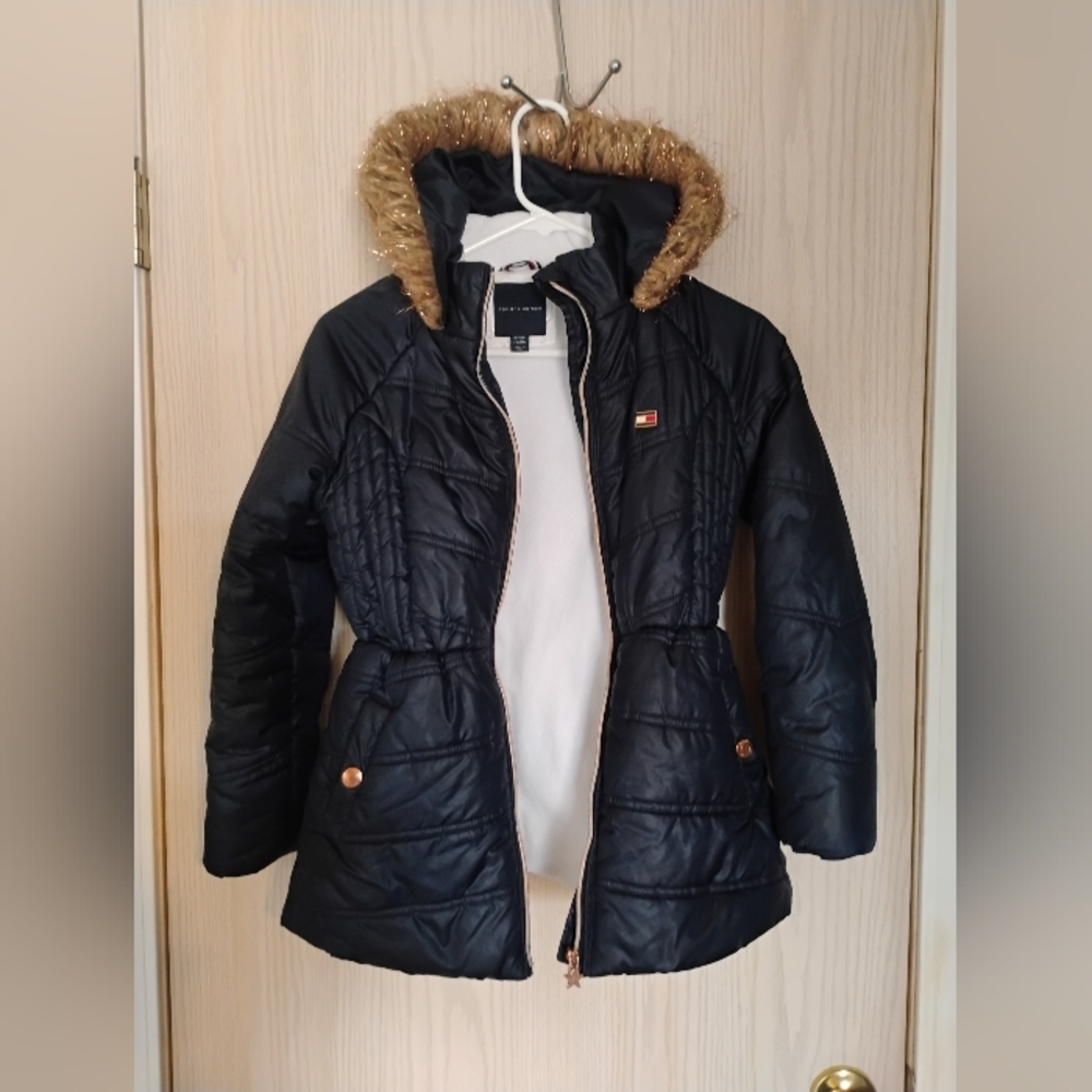 Tommy Hilfiger Girl's Navy Puffer Coat with Faux Fur Hood - Picture 2 of 5